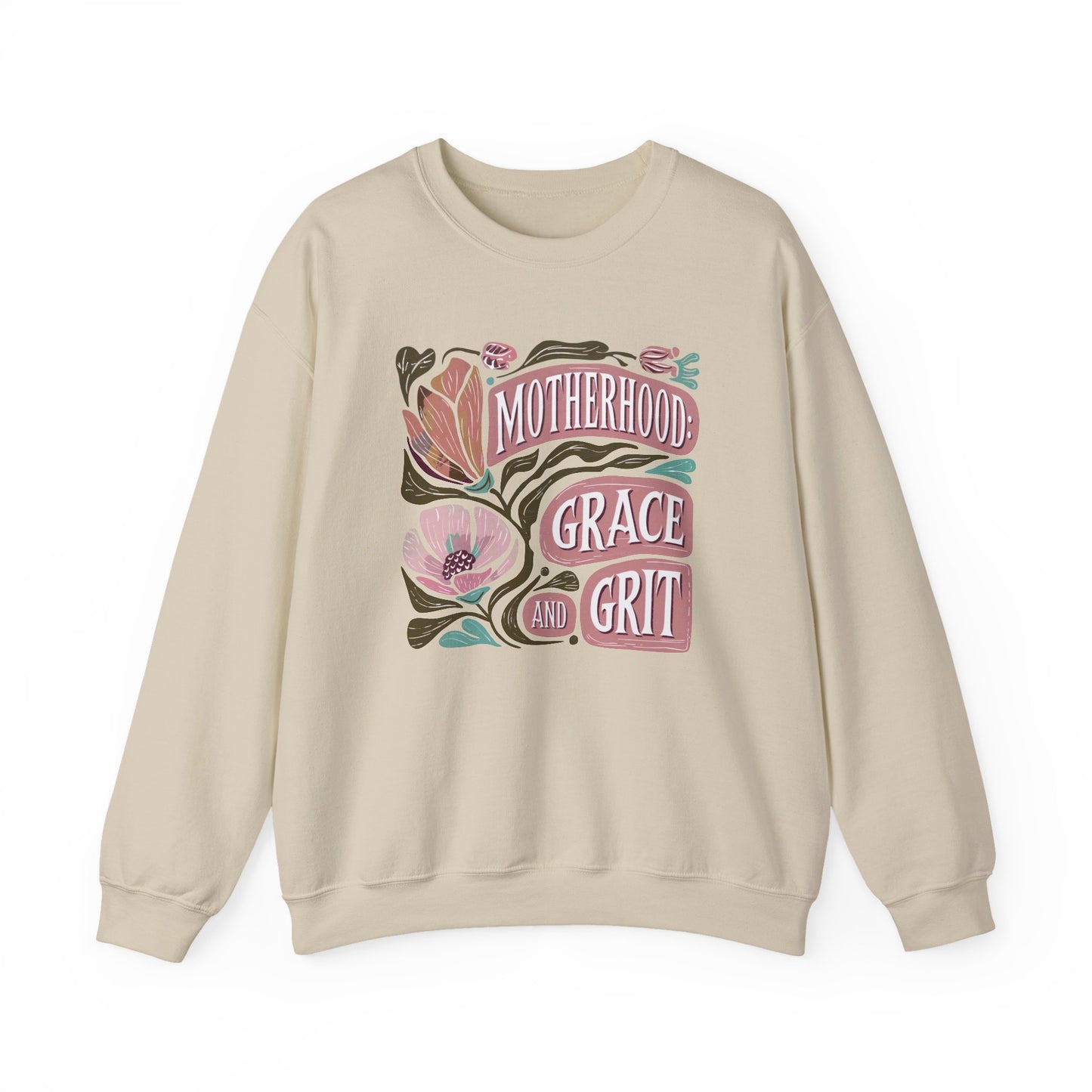 Motherhood Grace & Grit Sweatshirt | Cozy Mom Life Gift | Floral Crewneck