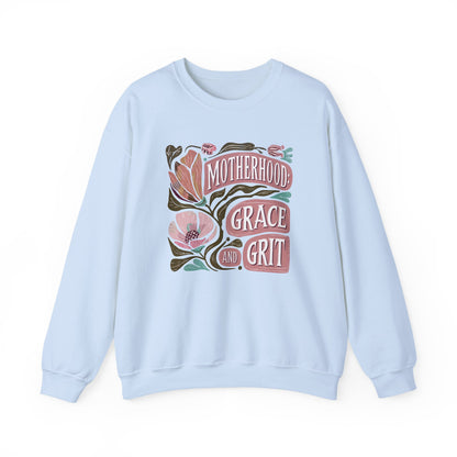 Motherhood Grace & Grit Sweatshirt | Cozy Mom Life Gift | Floral Crewneck