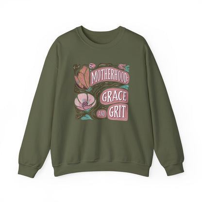 Motherhood Grace & Grit Sweatshirt | Cozy Mom Life Gift | Floral Crewneck